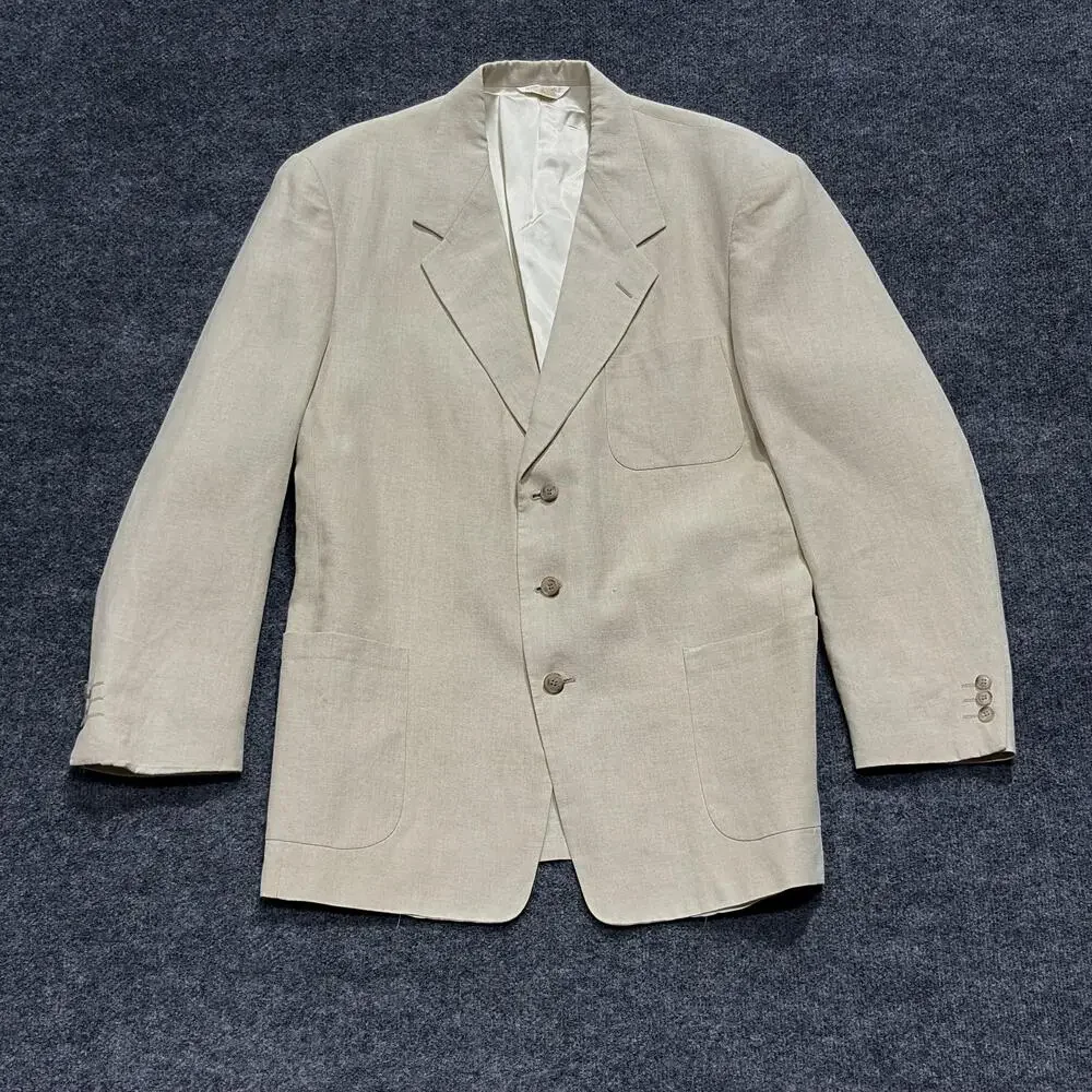 Tommy Hilfiger Blazer Mens Large Beige Linen Blend Tailored USA Classic Jacket